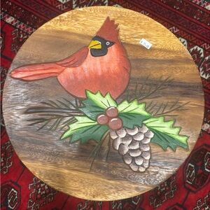 Red Cardinal & Holly Design Hand Carved Acacia Hardwood  Short Stool. 10” Tall.